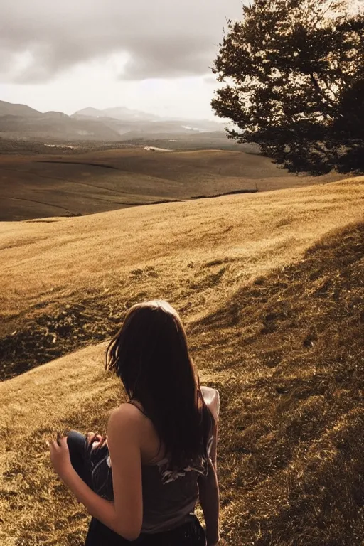 Image similar to a girl enjoying the wind in the edge of a hill, beautiful landscape, aesthetic