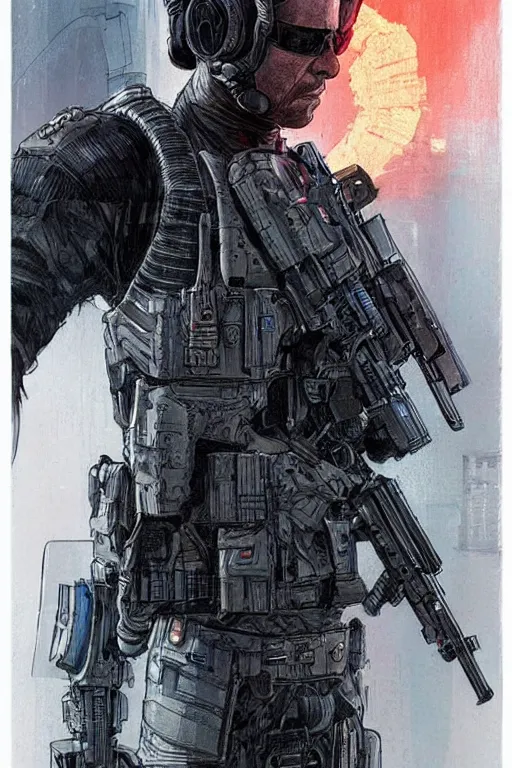 Image similar to ghost. Buff blackops mercenary in near future tactical gear and cyberpunk headset. Blade Runner 2049. concept art by James Gurney and Mœbius.