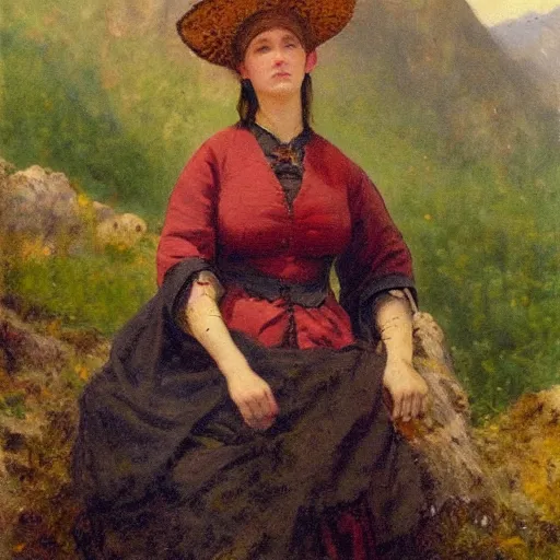 Image similar to a beautiful woman posing in the mountains, oil painting, 1 8 7 0,