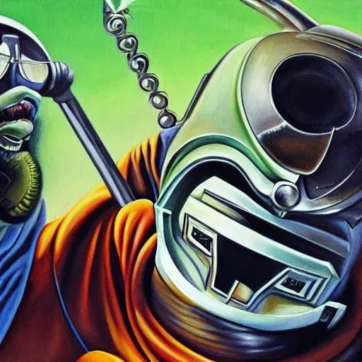 Prompt: beautiful lifelike painting of mf doom sets phaser to stun, hyperreal detailed facial features and uv lighting, art by ed roth and basil wolverton