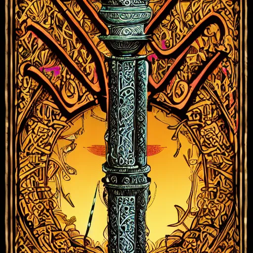 Image similar to tarot card style, lady luck on a tower, scales, sword, digital illustration, intricate, highly detailed, elegant, full color, cinematic lighting