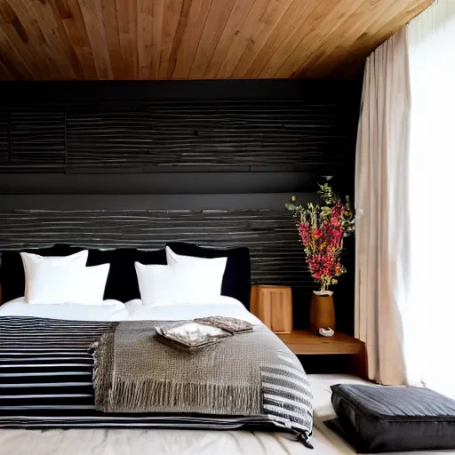 Image similar to bedroom, stone, interior design, stylish luxury hotel bedroom design, yakisugi, black vertical slatted timber, textures, feminine, black walls, art, Japanese pottery vase with flowers, kakejiku, seasonal, Japanese influences