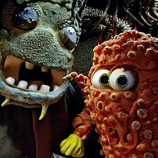 Image similar to a disgusting vile realistic spongebob monster eating a man from The Thing, by Cronenberg and greg nicotero H- 850
