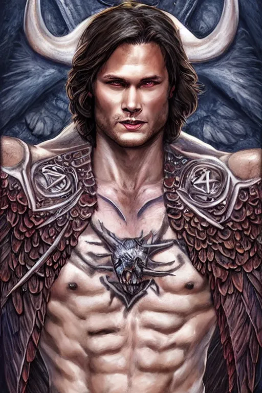Image similar to front portrait of attractive sam winchester as a vampire with long fangs, wings wide open, clothes torn apart, muscular chest tattooed with runes and symbols, d & d!, fantasy style, sharp focus!, ultra detailed, art by artgerm and peter andrew jones, wlop