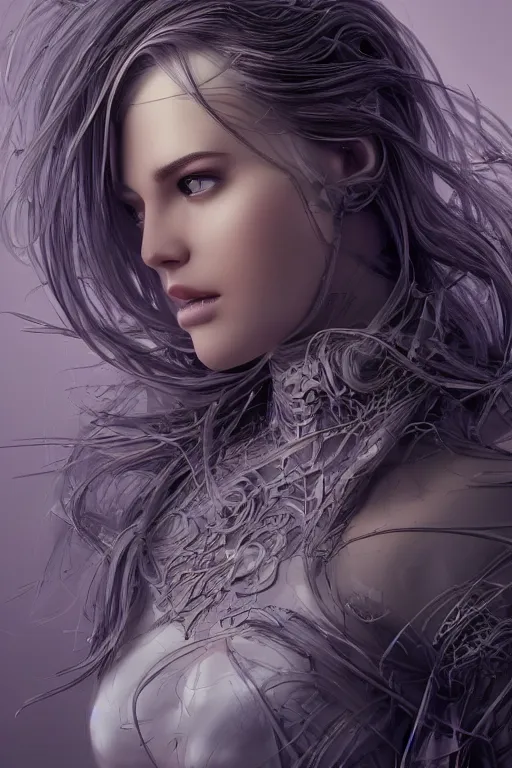 Image similar to biomedical design of an attractive serene android, natural background out of focus, cinematic lighting, intricate, elegant, super highly detailed, art station, concept art, smooth, sharp focus, no blur, no dof, extreme illustration, Photorealism, HD quality, 8k resolution, cinema 4d, 3D, beautiful, delicate, art by artgerm and greg rutkowski and alphonse mucha and loish and WLOP