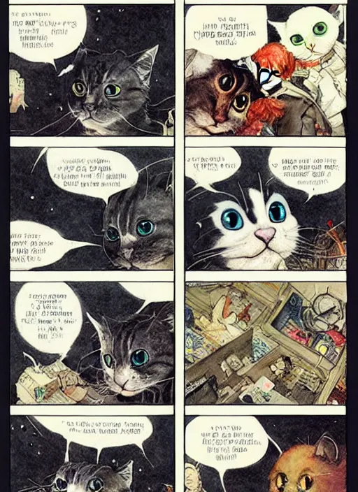 Image similar to a hyper realistic ink cat in a spaaceship 6 panel comic by chiara bautista and norman rockwell and greg rutkowski weta studio, and lucasfilm