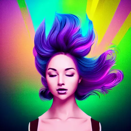 Image similar to a award winning head and torso portrait of a beautiful woman in a croptop with a ombre purple pink teal hairstyle with head in motion and hair flying, outrun, vaporware, vivid colors, highly detailed, fine detail, intricate