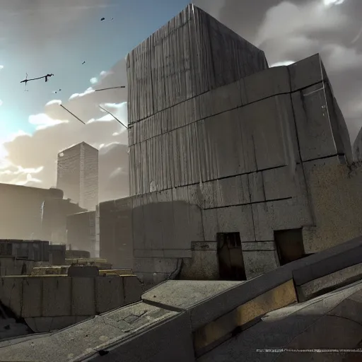 Image similar to a Half life level, from the 1998 PC game Half life in the Dead, brutalist architecture, stunning volumetric light, sunset, metal, concrete and translucent material, stunning skies, majestic landscape, trending on Artstation, 8k, photorealistic, hyper detailed, unreal engine 5, IMAX quality, cinematic, epic lighting, in the style of Moby Francke