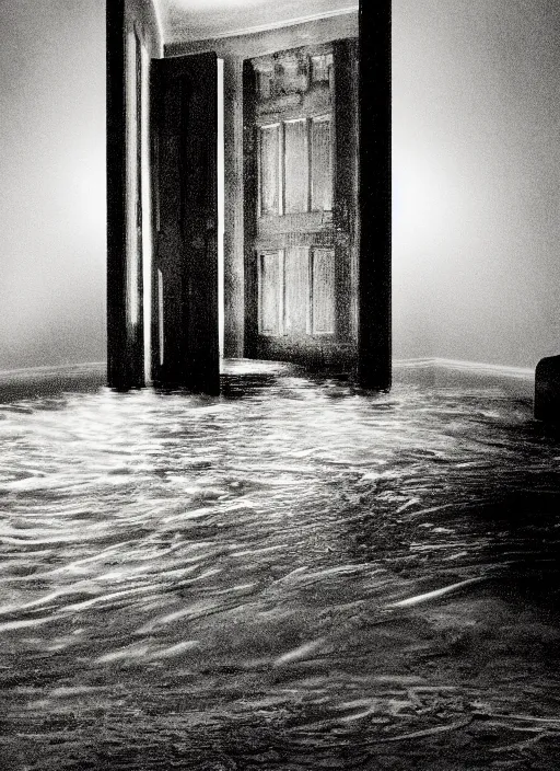 Prompt: river water rushing out through an open door, in the style of the Dutch masters and Gregory Crewdson, dark and moody