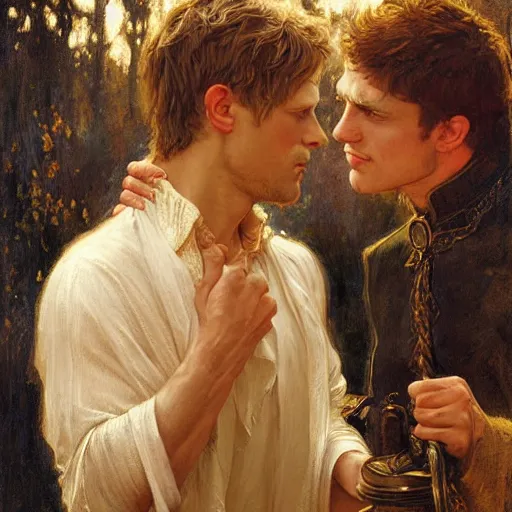 Image similar to attractive arthur pendragon confesses his love to attractive male merlin. highly detailed painting by gaston bussiere, craig mullins, j. c. leyendecker 8 k