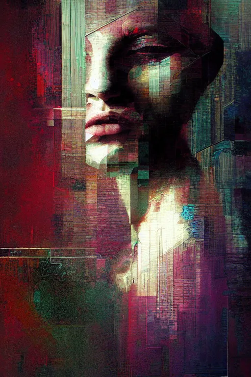 Image similar to a beautiful glitched painting by christian hook of a woman in a bathroom, geometric shapes and pixel sorting, brushstrokes by jeremy mann, still life, dark colors