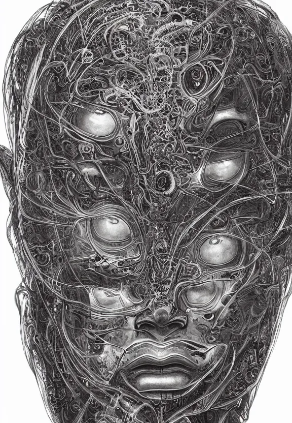 Image similar to perfectly centered portrait, front view of a beautiful biomechanical alien android robot buddha, female, flowing hair, intense stare, sarcastic smile, symmetrical, concept art, intricate detail, volumetric shadows and lighting, realistic oil painting by alex grey and gustave dore,