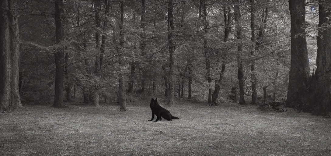 Prompt: monastery in the wood, black wolf guarding, pinhole analogue photo quality, blur, unfocus, cinematic, 35mm