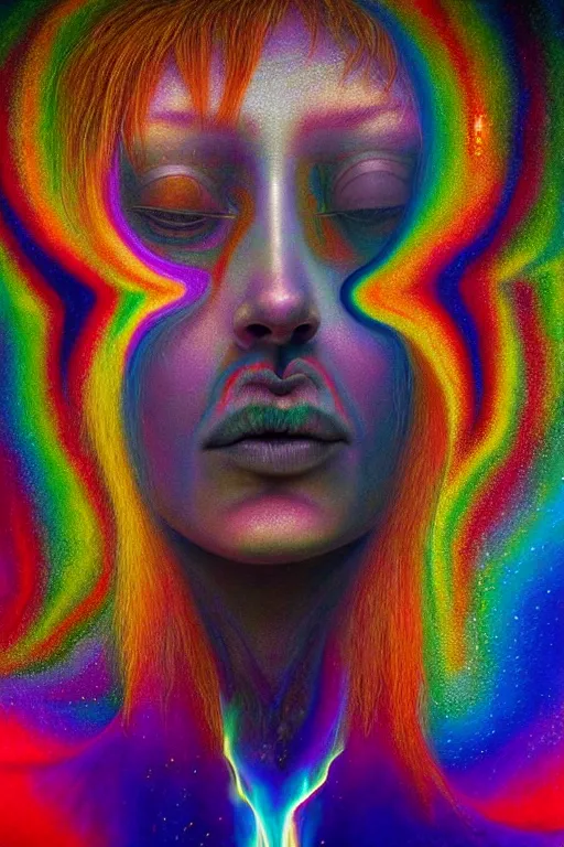 Image similar to hyperrealistic abstract close-up Renaissance psychedelic!! celestial happy! pure creature!! peaceful! kind spirit of nature! beautiful fractal!! eyes! highly detailed concept art eric zener elson peter cinematic hard rainbow lighting high angle hd 8k sharp shallow depth of field endless, inspired by Zdzisław Beksiński Salvador Dali