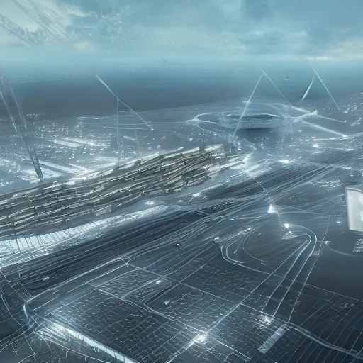 Image similar to Kazimierz Malewicz sci-fi motherboard airport view from above structure and digital billboard point cloud in the middle, unreal engine 5, keyshot, octane, artstation trending, ultra high detail, ultra realistic, cinematic, 8k, 16k, in style of zaha hadid, in style of nanospace, in plastic, dark, tilt shift,