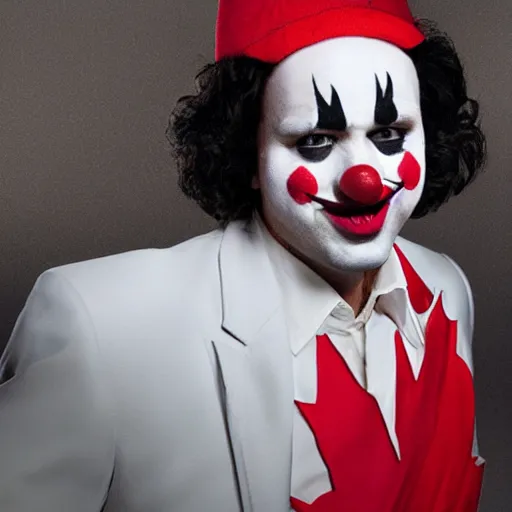 Image similar to UHD candid photo of Justin Trudeau dressed as a henchman, wearing accurate clown makeup, accurate face, UHD, photorealistic, correct face, photo by Annie Leibowitz