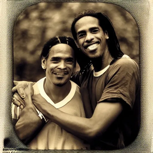 Prompt: polaroid picture, sepia, ronaldinho gaucho hugs manu chao in a paraguayan prison, perfect face, symmetrical face, fine details, day setting, ethereal, trending on artstation