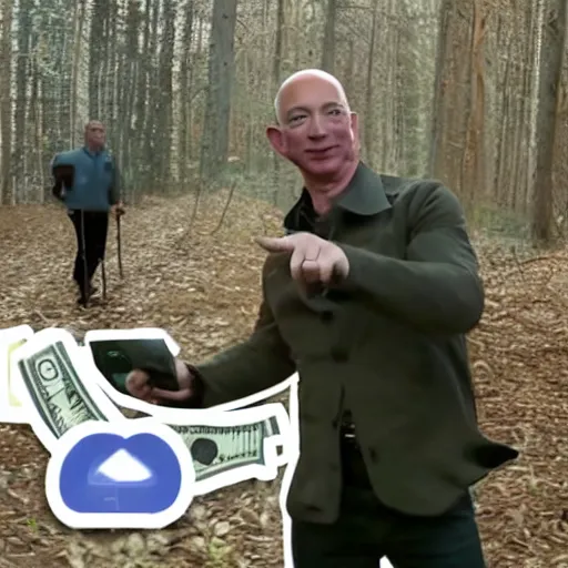 Prompt: trail cam footage still of Jeff Bezos fanning himself with money