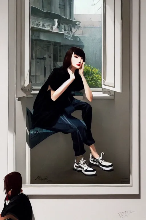 Image similar to A ultradetailed beautiful panting of a stylish woman sitting next to a window, she is wearing streetwear, Oil painting, by Ilya Kuvshinov, Greg Rutkowski and Makoto Shinkai