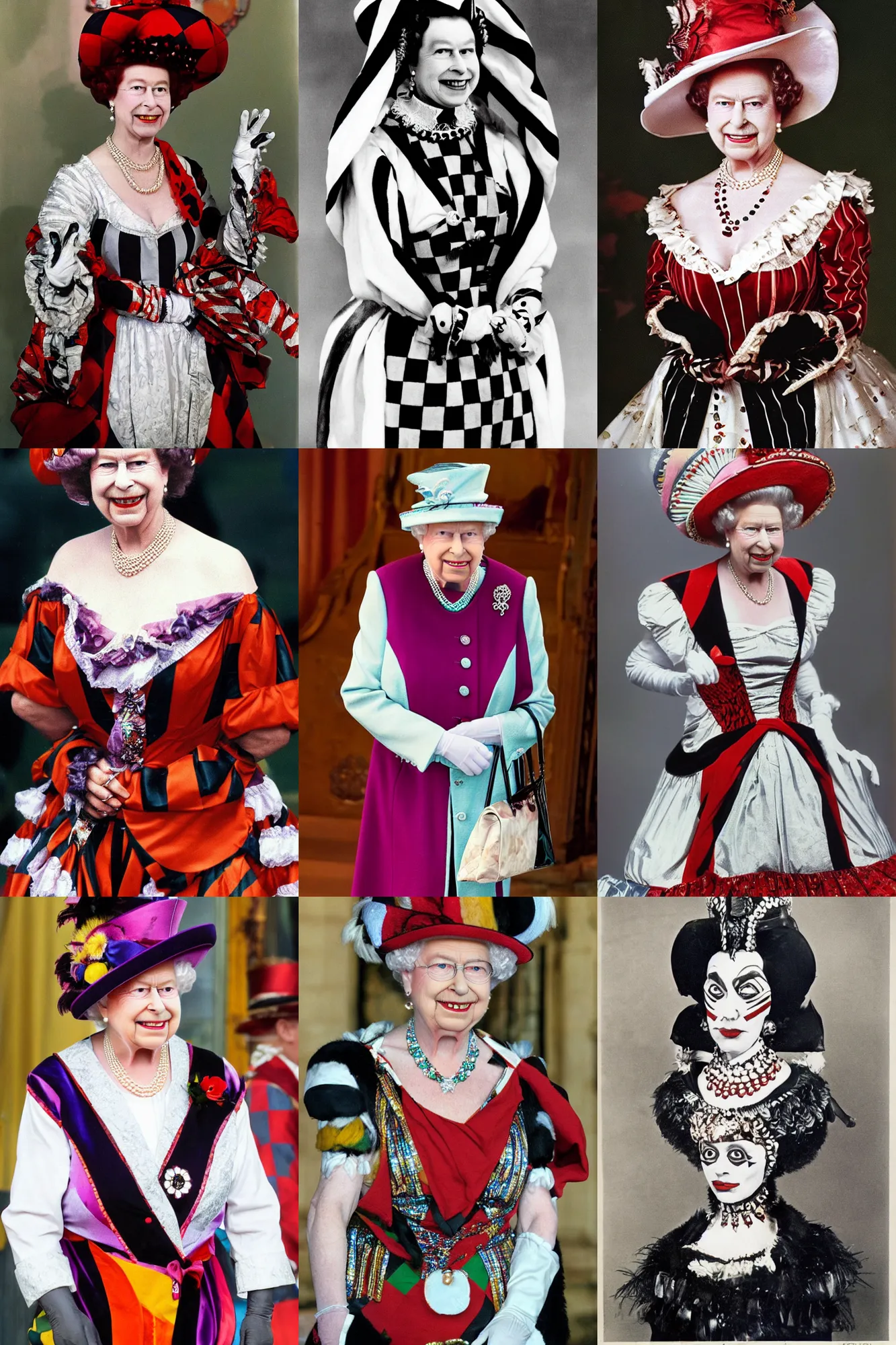 Prompt: Queen Elizabeth dressed as Harlequin