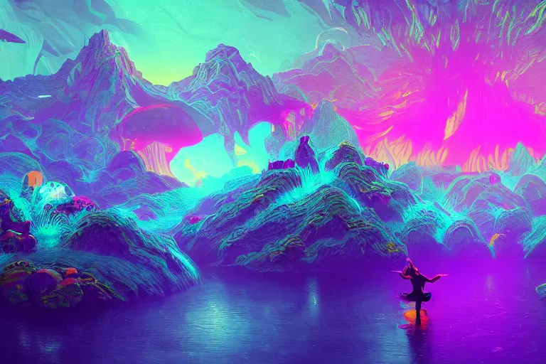 Prompt: wide ((wide)) photo of beautiful Jesse Faden (((dynamic neon lighting)) in chromatic dmt trippy lake with glowing birds, mountains, elegant, highly detailed, sharp focus, illustration, beautiful, geometric, trending on artstation, cinematic, artwork by Tran, Ross and Aivazovsky, Ivan