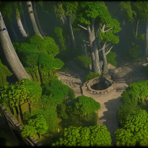 Image similar to incredible game level design, isometric view, lothlorien, trees, lights, fantasy, 8k, unreal engine