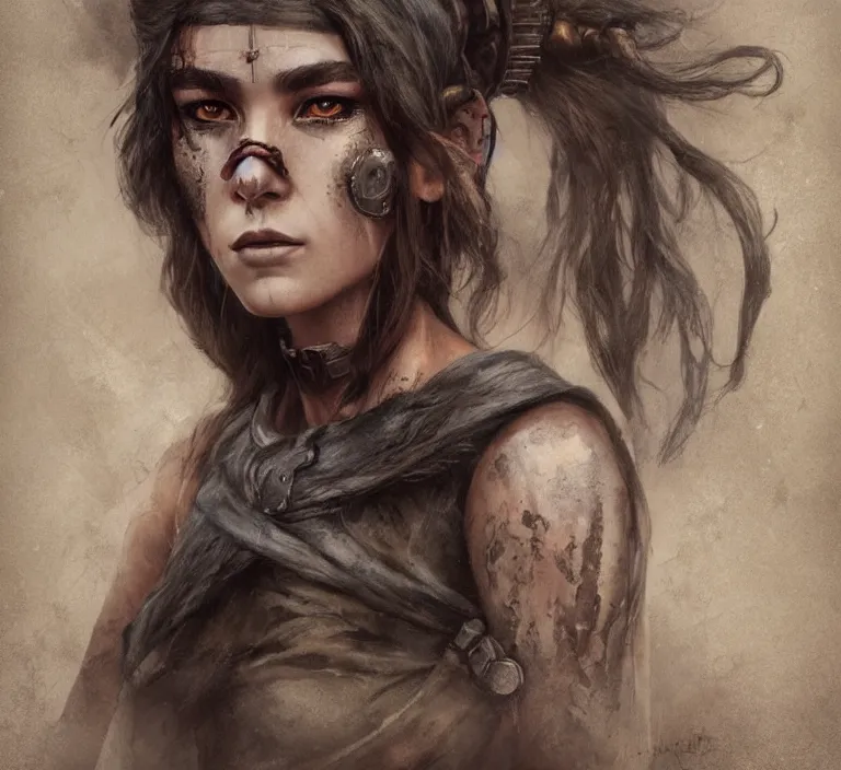 Image similar to a rugged female warrior in the style of tom bagshaw