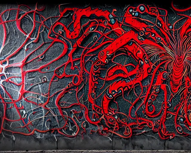 Image similar to 16k photorealistic image of a wall that has some lovecraftian graffiti on it inspired by wretched dragon rib cage. lovecraftian graffiti in red and black colors. the art is cursed and ecrusted with jewels. the grafiiti is inspired by cobwebs and venom.