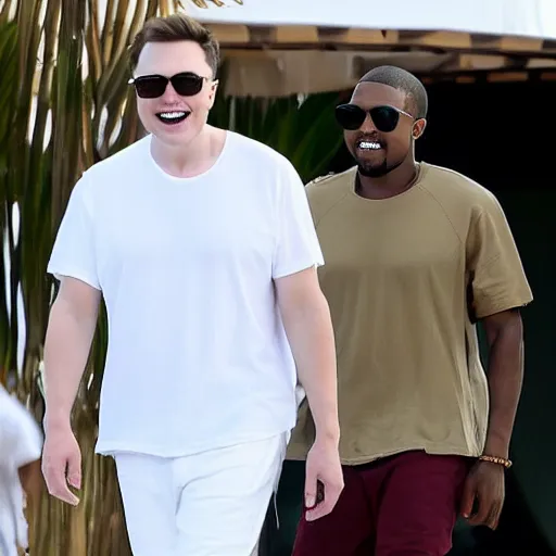 Prompt: elon musk and kanye west happy smiling laughing walking around the beach in aruba