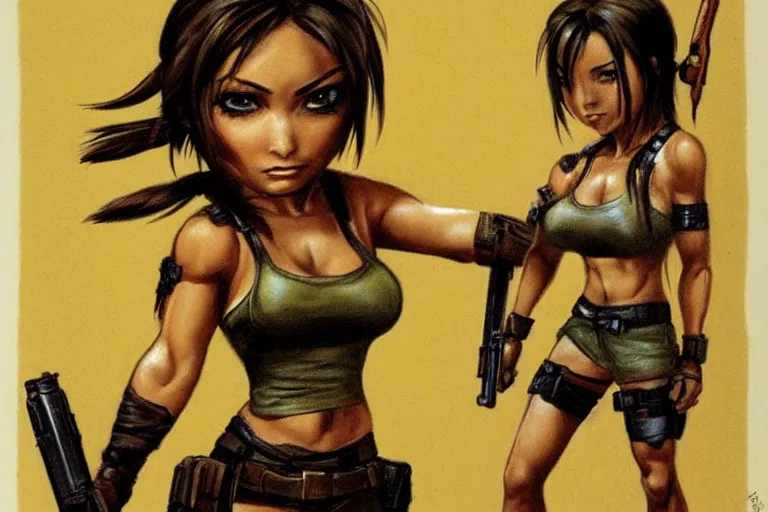 Image similar to Chibi version of Lara Croft in the style of Boris Vallejo