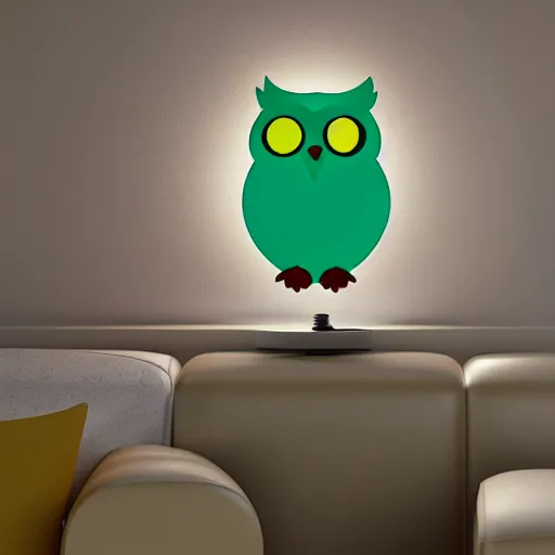 Prompt: green duolingo owl outside a window, living room, night, dark, lamp