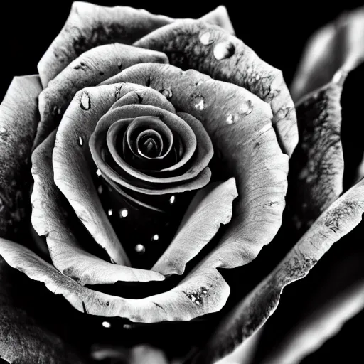 Image similar to a well-lit detailed macro photograph of a beautiful sliver filigree rose against a black backdrop.