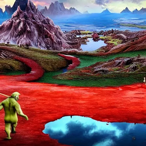 Image similar to BEAUTIFUL LANDSCAPE WITH LAKES MADE OUT OF BLOOD, REALISM, HELL, 8K, SHREK CONSUMES BONES, 100K, UNREALESED SHREK MOVIE, 8K