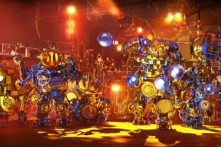 Image similar to scene from the voice of america, on stage are 4 golden and blue metal humanoid steampunk robots dancing, robots are wearing and gears and tubes, eyes are glowing red lightbulbs, shiny crisp finish, 3 d render, 8 k, insaneley detailed, fluorescent colors, nightlight