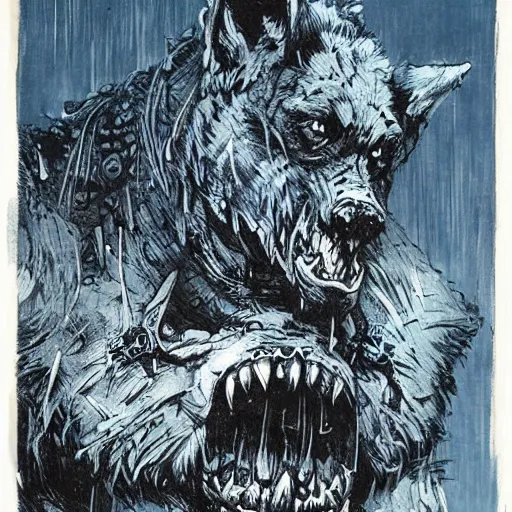 Prompt: blue woodcut print cartoon, gnoll by greg rutkowski, fine details, highly detailed