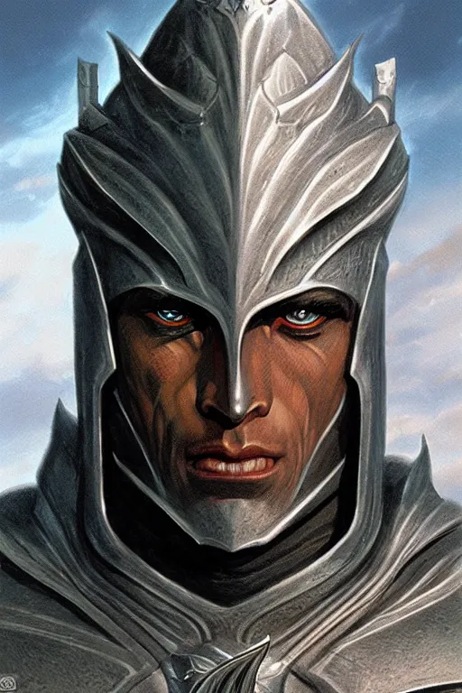 Prompt: head and shoulders portrait of an eldrich knight, drow, dark elf, shadar kai, armored, magical, male, high fantasy, d & d, by boris vallejo, face details, extremely detailed, digital illustration