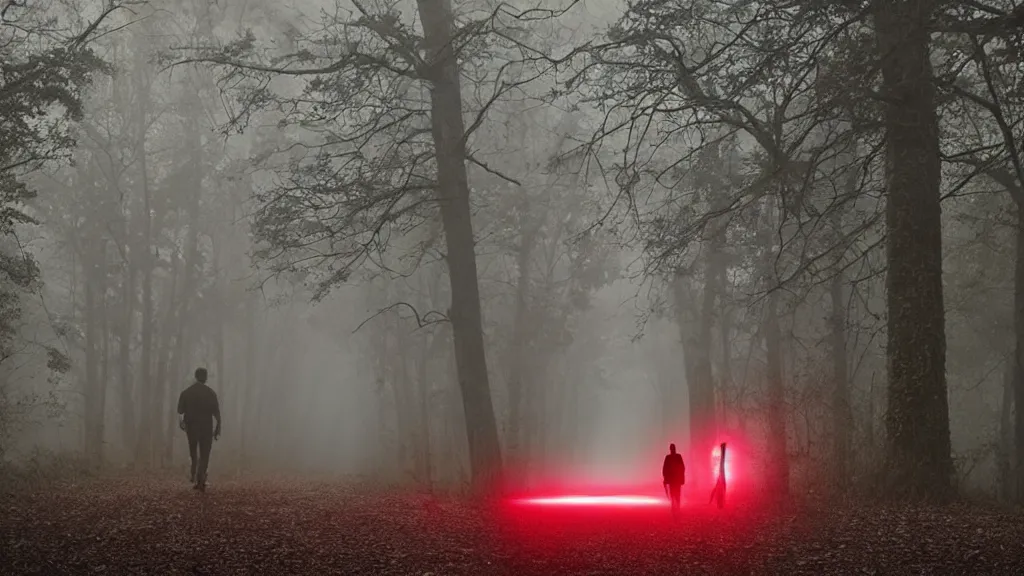 Prompt: realistic environment, a man and his dog walk down a foggy tree-lined lane, in the distance they see two red glowing eyes and the outline of a hulking monster