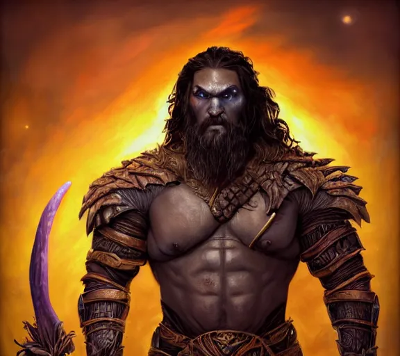Prompt: an epic fantasy comic book style portrait painting of a very imposing nebulapunk jason momoa as a halfling na'vi from avatar, character design by mark ryden and pixar and hayao miyazaki, unreal 5, daz, hyperrealistic, octane render, cosplay, rpg portrait, dynamic lighting, intricate detail, harvest fall vibrancy, cinematic