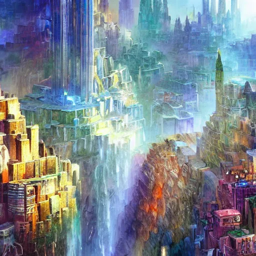 Prompt: gemstone crystal city, city made of bismuth cryengine render by android jones, james christensen, rob gonsalves, leonid afremov and tim white