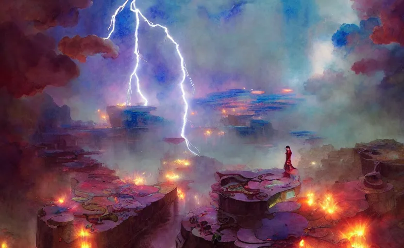 Prompt: the revenge of the lightning goddess, fantasy. intricate, amazing composition, colorful watercolor, by ruan jia, by maxfield parrish, by marc simonetti, by hikari shimoda, by robert hubert, by zhang kechun, illustration, gloomy