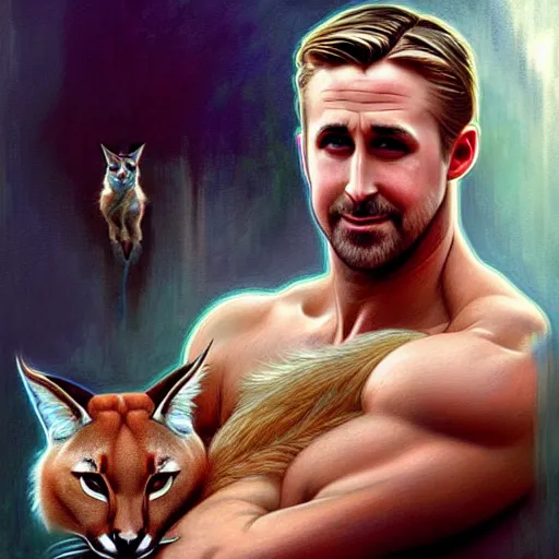 Image similar to Muscular Ryan Gosling holding cute caracal, portrait, sci-fi, fantasy, intricate, elegant, highly detailed, digital painting, artstation, concept art, smooth, sharp focus, illustration, art by artgerm and greg rutkowski and alphonse mucha