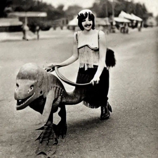 Image similar to 1920s flapper girl riding a dinosaur to the market, colorized