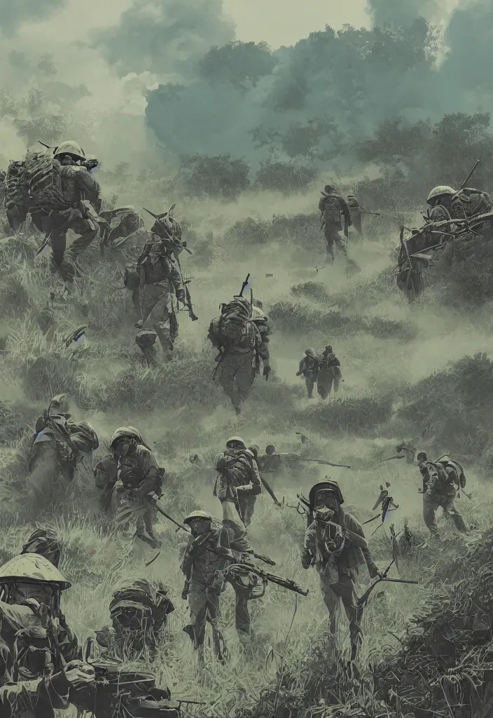 Image similar to handmade illustration of an epic Vietnam war scene with a very few american soldiers walking into the jungle, some smoke and fire, blue sky with dramatic clouds, line art, ballpoint, oil on canvas by Kilian Eng and by Jake Parker, heavy brushstrokes, winning-award masterpiece, fantastic, octane render, 8K HD Resolution, High quality image