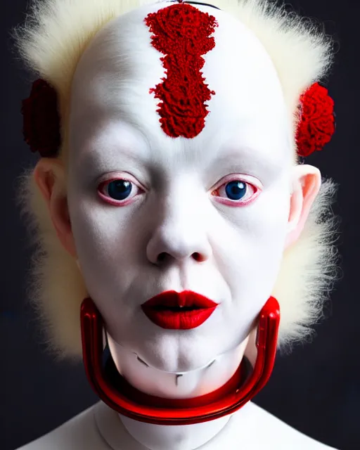 Prompt: symmetrical portrait of an albino woman wearing a silicone embroidered red beauty mask and white hair buns, wearing a black bodysuit by alexander mcqueen, cream white background, soft diffused light, biotechnology, humanoide robot, bjork aesthetic, translucent, by rineke dijkstra, intricate details, highly detailed, masterpiece,