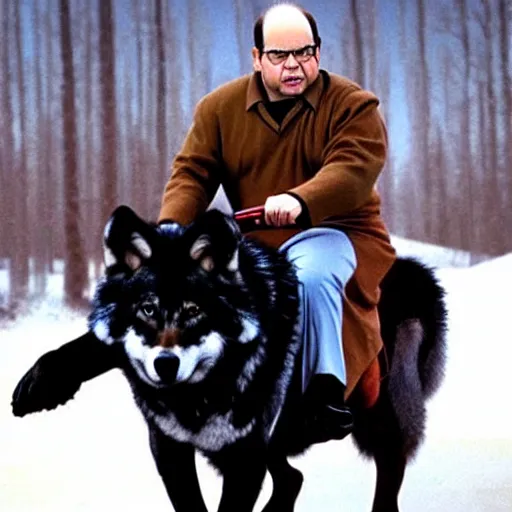 Image similar to George Costanza (from Seinfeld) riding a wolf