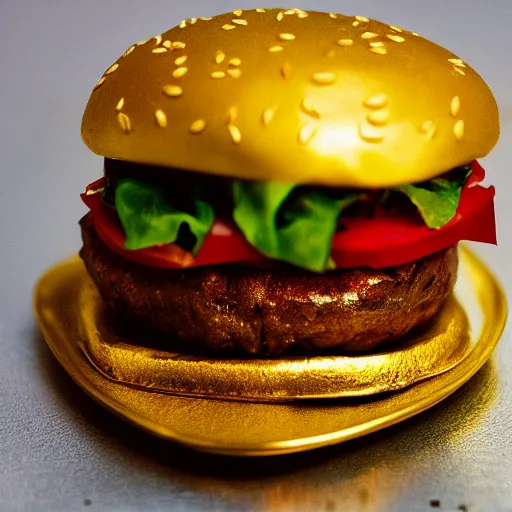 Image similar to photo of gold plated hamburger, cinestill, 800t, 35mm, full-HD