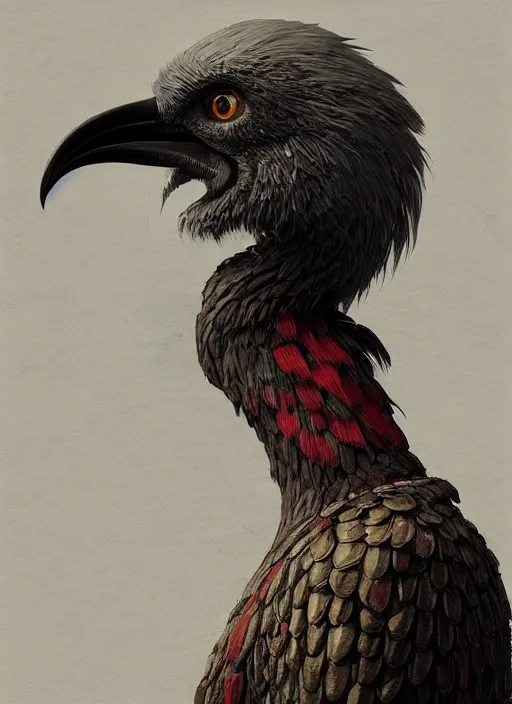 Prompt: rpg! profile! portrait of humanoid bird on white background, beak, feathers, bloodborne, intricate, highly detailed, digital painting, artstation, concept art, smooth, sharp focus, illustration, art by norman rockwell emiliano ponzi andrey remnev yoann lossel aaron jasinski, 8 k