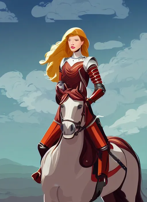 Prompt: a young woman in full plate armor with beautiful hair and red lips on a horse. she is a knight. clean cel shaded vector art. shutterstock. behance hd by lois van baarle, artgerm, helen huang, by makoto shinkai and ilya kuvshinov, rossdraws, illustration, art by ilya kuvshinov