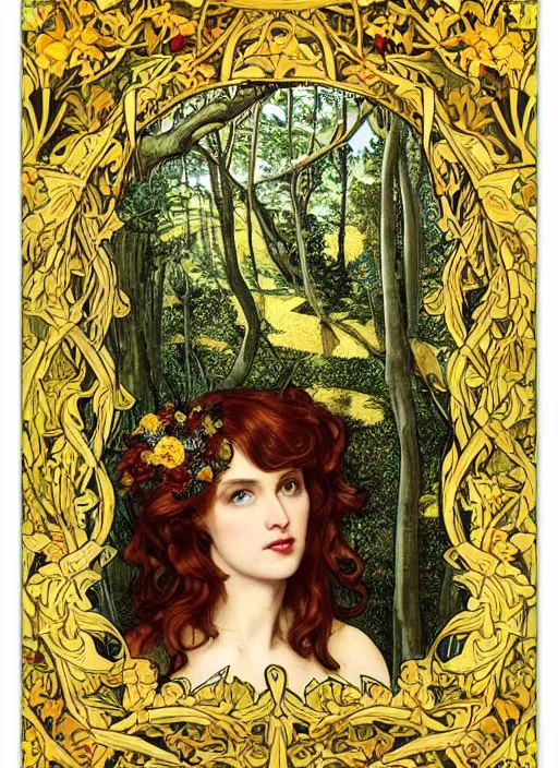 Image similar to masterpiece beautiful seductive flowing curves pinup pose preraphaelite face portrait photography, extreme close up shot, straight bangs, thick set features, yellow ochre ornate medieval dress, amongst foliage mushroom forest circle arch, william morris and kilian eng and mucha, framed, 4 k