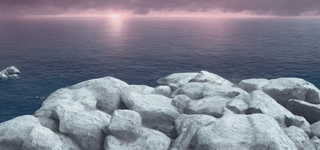 Image similar to octane render uhd, 8 k art photography, filmic lighting, cinematic art shot, hyperrealistic, hyperdetailed, super detailed, 8 k, high resolution, vast dark granite landscape with mysterious strangle glowing crystalline structure made of white rocks in the far distance, particle simulation, painting by ross tran and ivan aivazovsky, black water, sunset